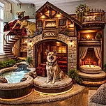 A charming dog lounges on a cozy bed draped with a red and black plaid blanket, looking curiously off-camera. The background shows a slightly ajar door, a mounted TV displaying a colorful screen, and a shelf with a red cloth, creating a warm and lived-in bedroom vibe.