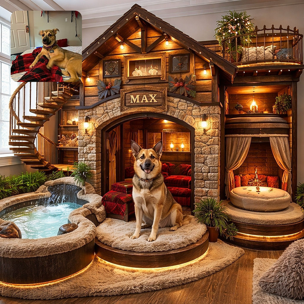A charming dog lounges on a cozy bed draped with a red and black plaid blanket, looking curiously off-camera. The background shows a slightly ajar door, a mounted TV displaying a colorful screen, and a shelf with a red cloth, creating a warm and lived-in bedroom vibe.