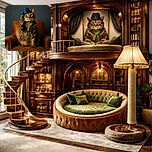 A dignified tabby cat wearing a stylish blue hat and a green scarf sits proudly on a vintage leather armchair, tipping its hat as if greeting a fancy party guest.