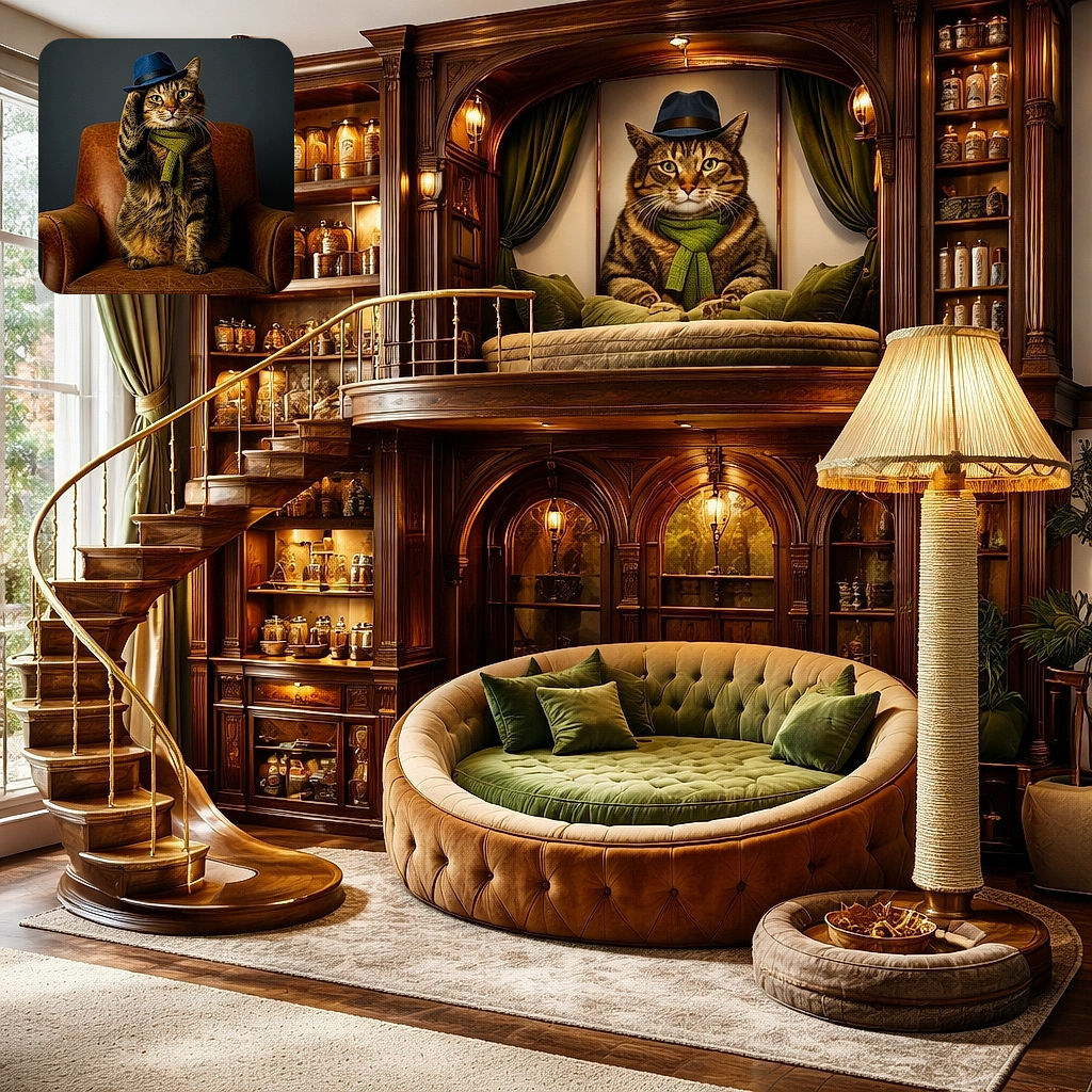 A dignified tabby cat wearing a stylish blue hat and a green scarf sits proudly on a vintage leather armchair, tipping its hat as if greeting a fancy party guest.