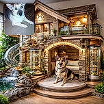 A German Shepherd dog is lying on the floor looking up with glowing eyes from the camera flash. The photo has a dark vignette border and a small white heart symbol at the bottom center, adding a cute touch.