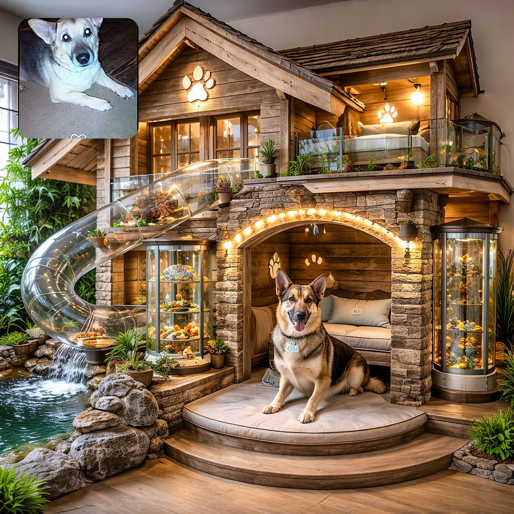 A German Shepherd dog is lying on the floor looking up with glowing eyes from the camera flash. The photo has a dark vignette border and a small white heart symbol at the bottom center, adding a cute touch.