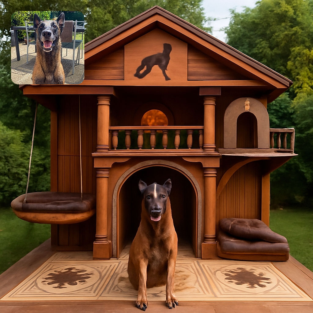 A happy, wet dog sits outdoors on a sunny day, looking straight at the camera with a big smile and bright eyes, surrounded by garden furniture and lush greenery.