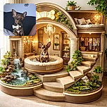 A tiny dog sporting a charming bow tie sits alertly on a couch, looking off to the side with a curious expression. The background features a plain wall with a quirky cartoon decal and some floating wooden shelves holding picture frames.