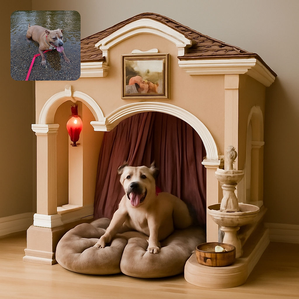 A happy dog lounging in shallow water with a bright pink leash, tongue out in pure joy, enjoying a refreshing break on a rocky riverbed.