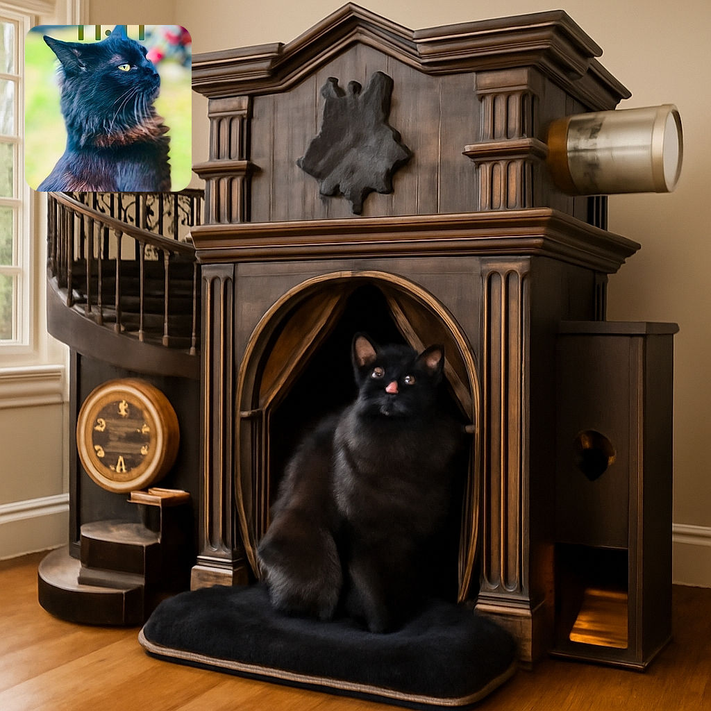A majestic black cat with golden eyes sits proudly, gazing into the distance with a serene expression. The background is softly blurred, highlighting the cat's luxurious fur. The time and date overlay on the image adds a modern touch, making it look like a stylish phone lock screen.