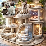 A playful cat with a wide-open mouth, showing its tiny fangs in a dramatic yawn or meow, sitting on a table cluttered with books, pens, and a colorful container in a cozy indoor setting.