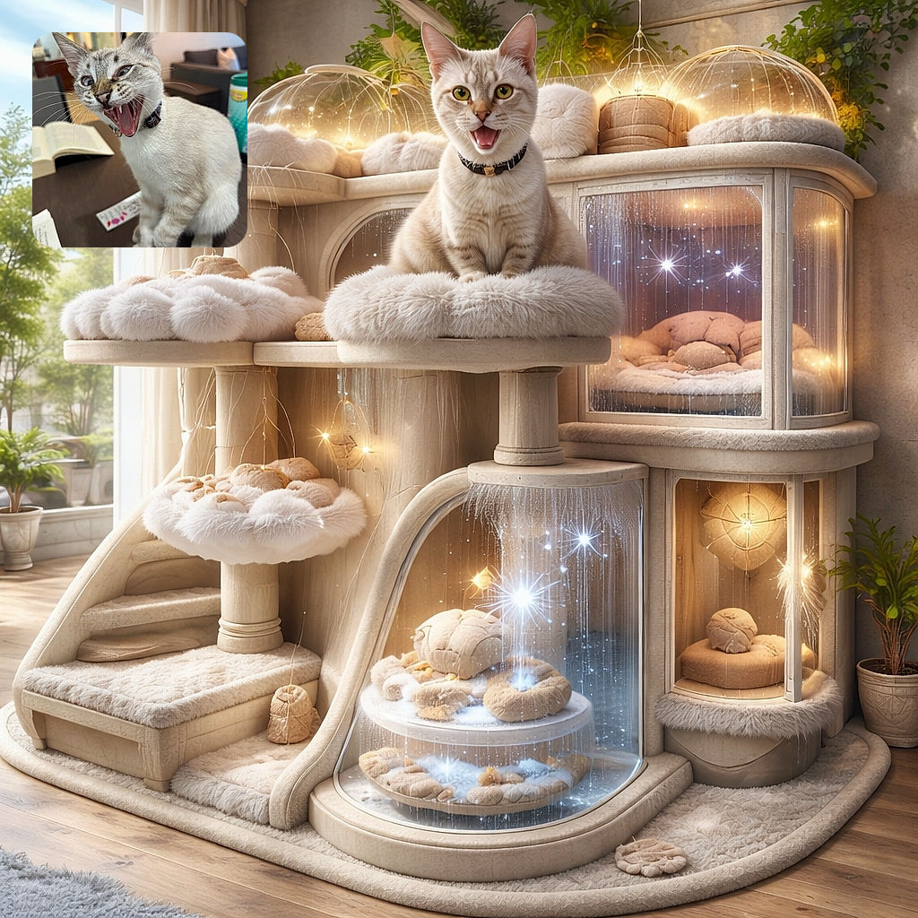 A playful cat with a wide-open mouth, showing its tiny fangs in a dramatic yawn or meow, sitting on a table cluttered with books, pens, and a colorful container in a cozy indoor setting.
