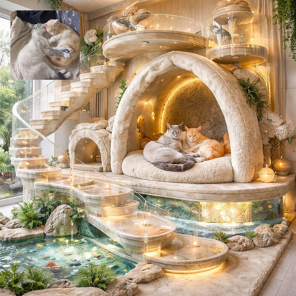 Two fluffy roommates in a heart-shaped snuggle: a grey-and-white cat is enthusiastically grooming a sleepy ginger cat on a cozy blanket, paws entwined and tails curled — pure nap-time romance.