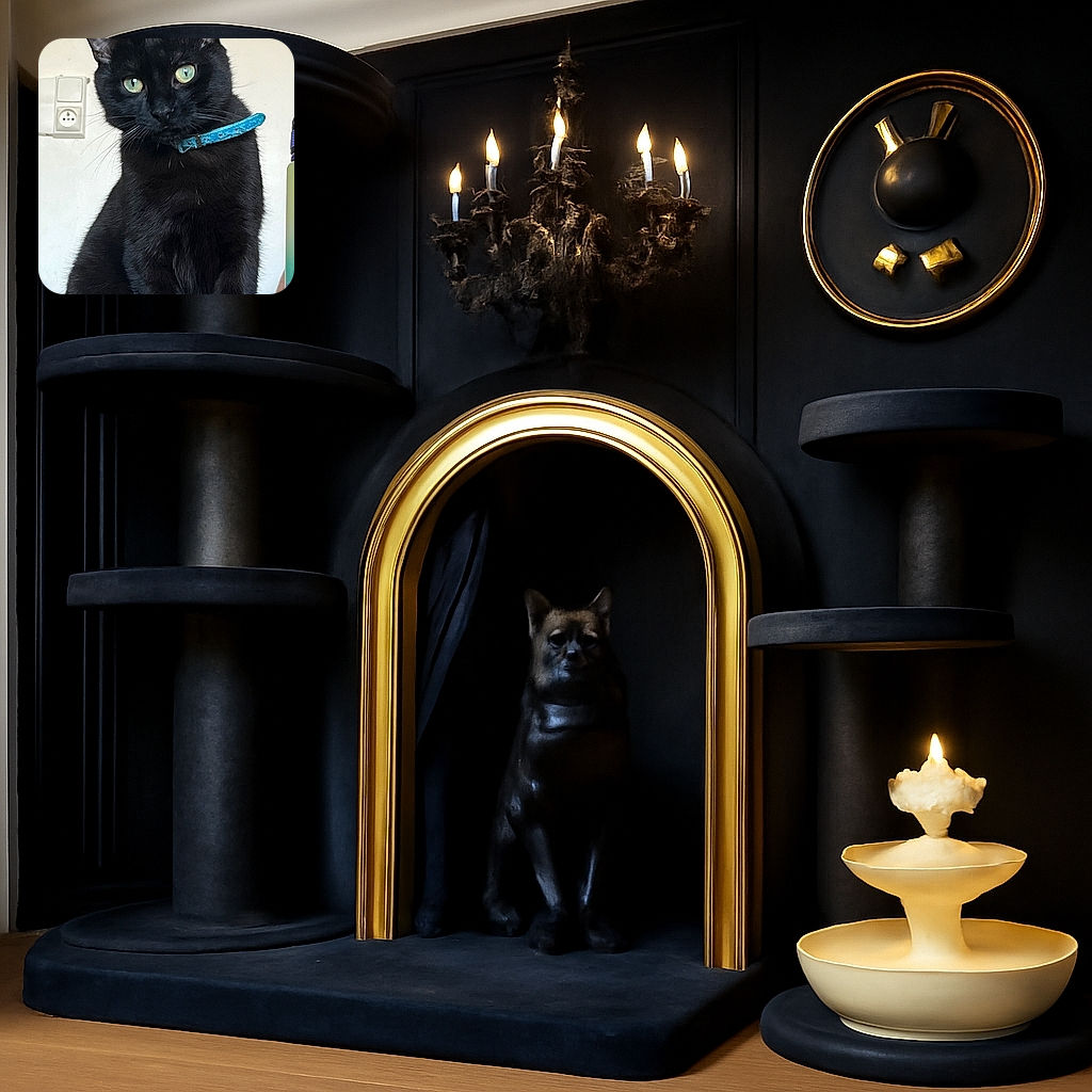 A sleek black cat with striking green eyes and a blue collar sits regally on a wooden surface, staring curiously at the camera with a plain wall and a power outlet in the background.