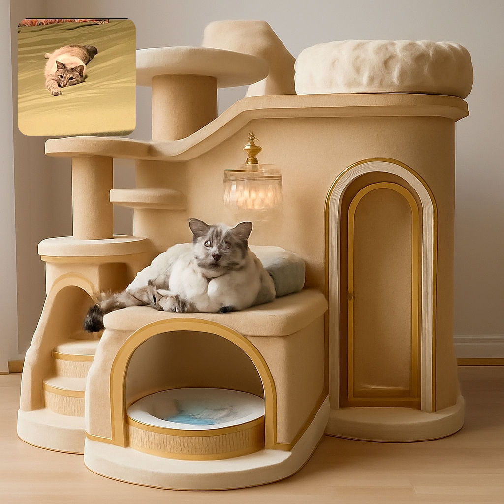 A cozy cat is stretched out on a green bedspread, looking relaxed and a bit sleepy with its paw reaching forward like it's ready for a slow-motion pounce or a gentle stretch.