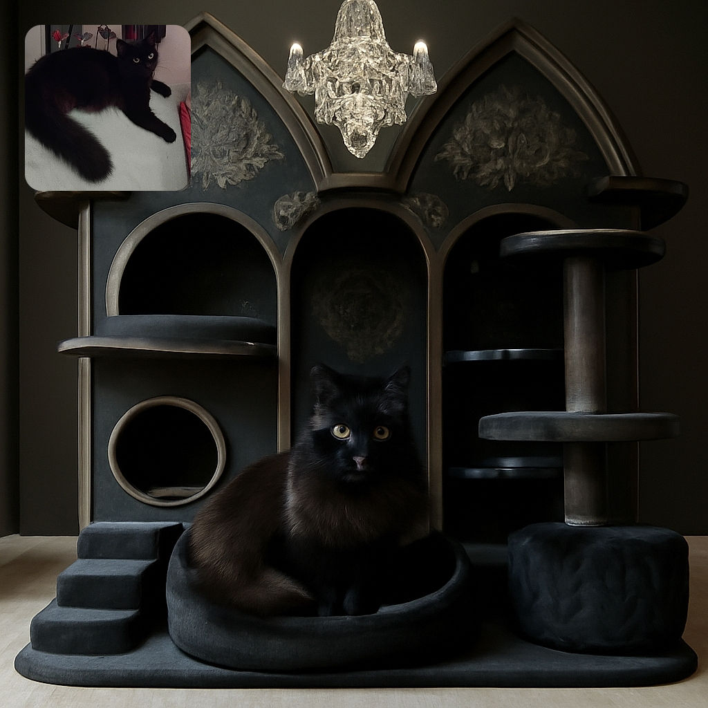 A sleek black cat lounges comfortably on a light-colored surface, its bright eyes catching the dim light. The background features a wall decorated with photos and artwork, including a picture of a dog, adding a cozy and homely vibe to the scene.