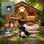 A fluffy black puppy with white paws is lying on patchy grass, holding a plush toy in its mouth, looking adorably innocent and ready for playtime in a backyard setting.