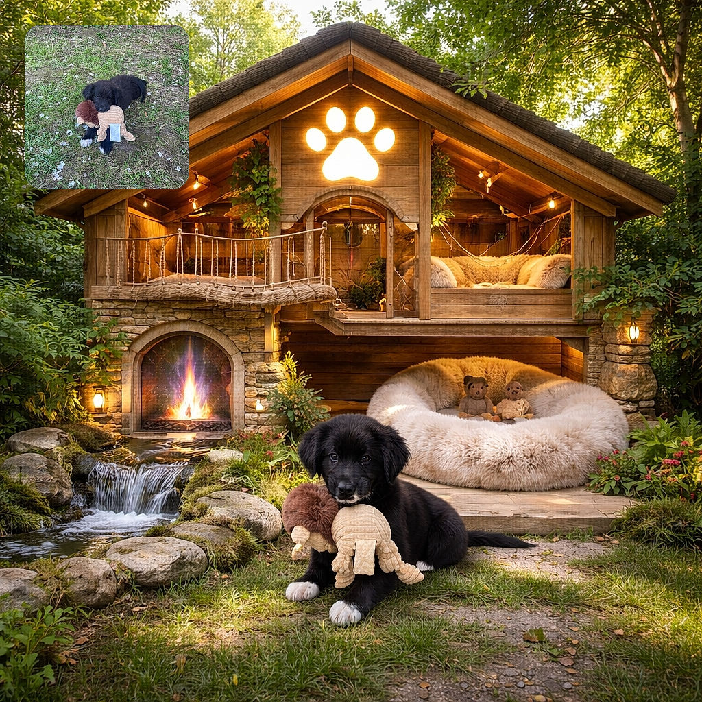 A fluffy black puppy with white paws is lying on patchy grass, holding a plush toy in its mouth, looking adorably innocent and ready for playtime in a backyard setting.