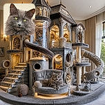 A majestic fluffy gray cat fills the frame with glowing yellow-green eyes and the intense expression of a tiny, whiskered landlord inspecting the premises. Its enormous ears, soft fur, and dramatic close-up pose make it look ready to issue a very serious meow.