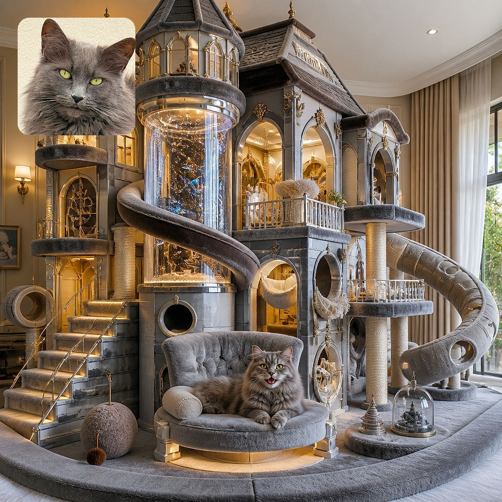 A majestic fluffy gray cat fills the frame with glowing yellow-green eyes and the intense expression of a tiny, whiskered landlord inspecting the premises. Its enormous ears, soft fur, and dramatic close-up pose make it look ready to issue a very serious meow.
