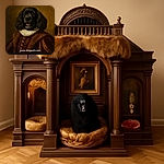 A regal black dog dressed in an ornate, old-fashioned nobleman's outfit complete with a ruffled collar, posed like a classical portrait but clearly a humorous digital creation. The image has a vintage painting style with a warm brown background and a website watermark at the bottom.