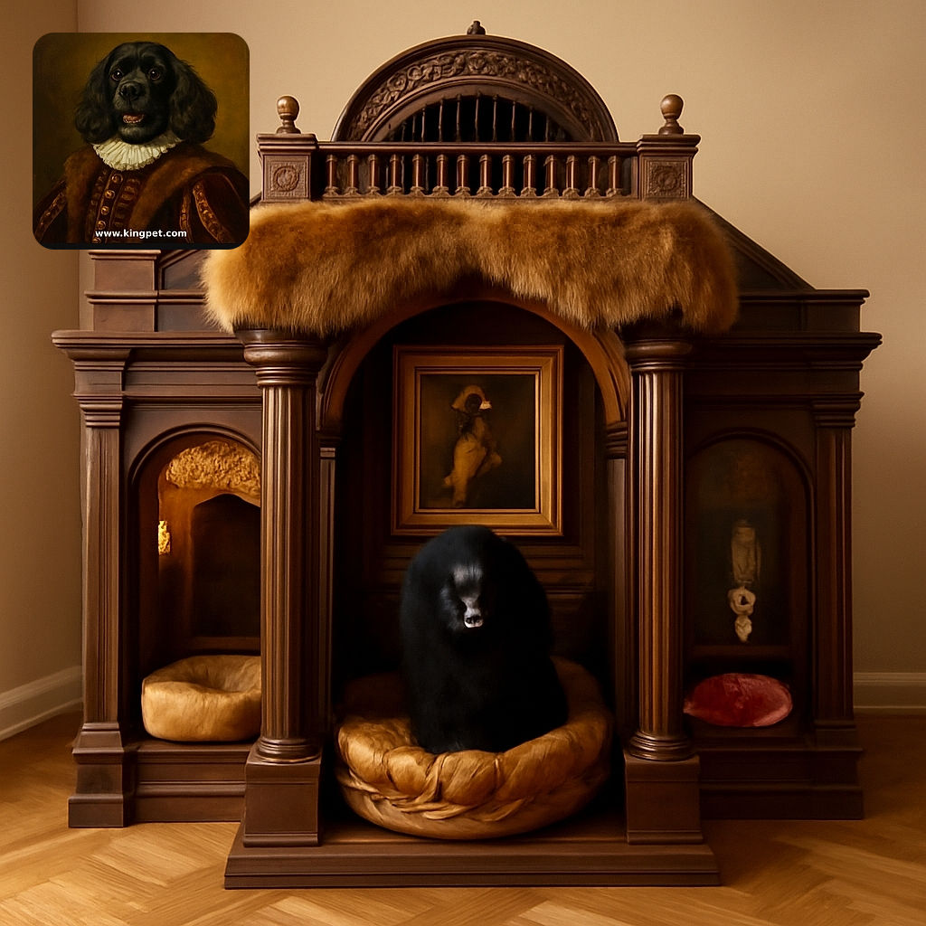 A regal black dog dressed in an ornate, old-fashioned nobleman's outfit complete with a ruffled collar, posed like a classical portrait but clearly a humorous digital creation. The image has a vintage painting style with a warm brown background and a website watermark at the bottom.