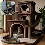 A cozy tabby cat lounges comfortably on a soft beige blanket draped over a couch, with a relaxed yet curious expression and bright eyes staring directly at the camera, surrounded by homey textures and a hint of greenery in the background.