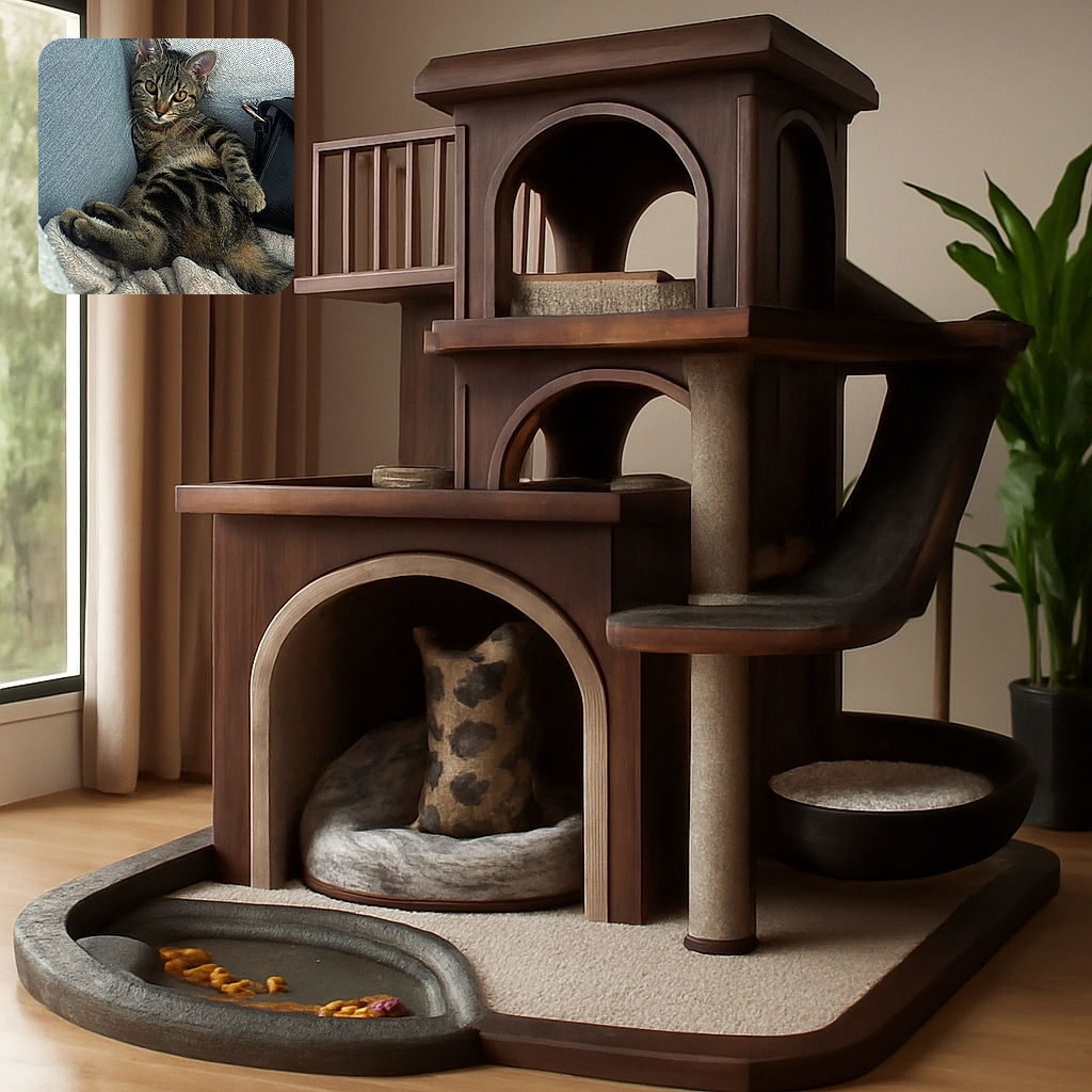 A cozy tabby cat lounges comfortably on a soft beige blanket draped over a couch, with a relaxed yet curious expression and bright eyes staring directly at the camera, surrounded by homey textures and a hint of greenery in the background.