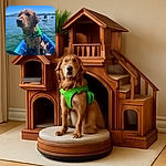 A soaked golden retriever sporting a bright green life jacket sits patiently in a blue kayak, surrounded by shimmering lake water under a clear blue sky. In the background, people paddle on kayaks, adding a serene outdoor adventure vibe.