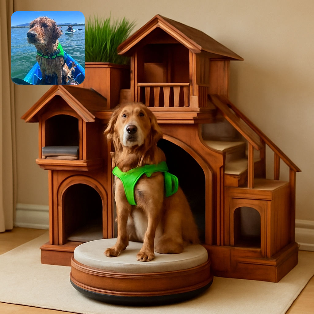 A soaked golden retriever sporting a bright green life jacket sits patiently in a blue kayak, surrounded by shimmering lake water under a clear blue sky. In the background, people paddle on kayaks, adding a serene outdoor adventure vibe.