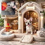 A curious puppy with big blue eyes and speckled fur lies on a cozy gray blanket, playfully holding a bright orange plush toy labeled 'MAPLE 1'. The background is softly blurred, focusing all attention on the adorable pup's expressive face and perky ears.