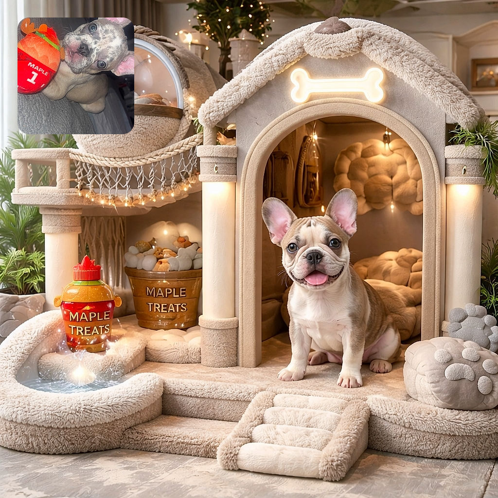 A curious puppy with big blue eyes and speckled fur lies on a cozy gray blanket, playfully holding a bright orange plush toy labeled 'MAPLE 1'. The background is softly blurred, focusing all attention on the adorable pup's expressive face and perky ears.