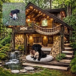 A fluffy black puppy with white paws lounges on a patchy grassy yard, proudly clutching a plush toy in its mouth. The background features a wooden deck with some greenery peeking out underneath, creating a cozy outdoor scene.