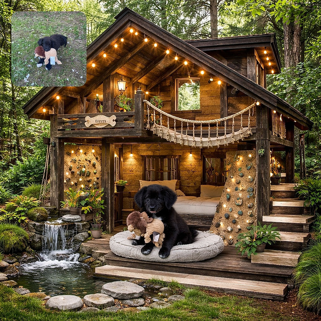 A fluffy black puppy with white paws lounges on a patchy grassy yard, proudly clutching a plush toy in its mouth. The background features a wooden deck with some greenery peeking out underneath, creating a cozy outdoor scene.