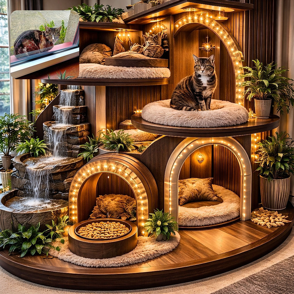 A sassy tabby perched on a red windowsill stares straight through the glass with judgmental green eyes while its chunky body curls on the ledge; a spiky succulent and a faint indoor reflection sit in the foreground and a cracked pavement with a stone wall and weeds form the outdoor background — clearly this cat is on squirrel-watch or plotting how to get inside for snacks.