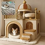 A cute orange and white kitten lounging comfortably on a textured beige blanket with a colorful bag resting nearby, all set in a cozy indoor environment with soft natural light.