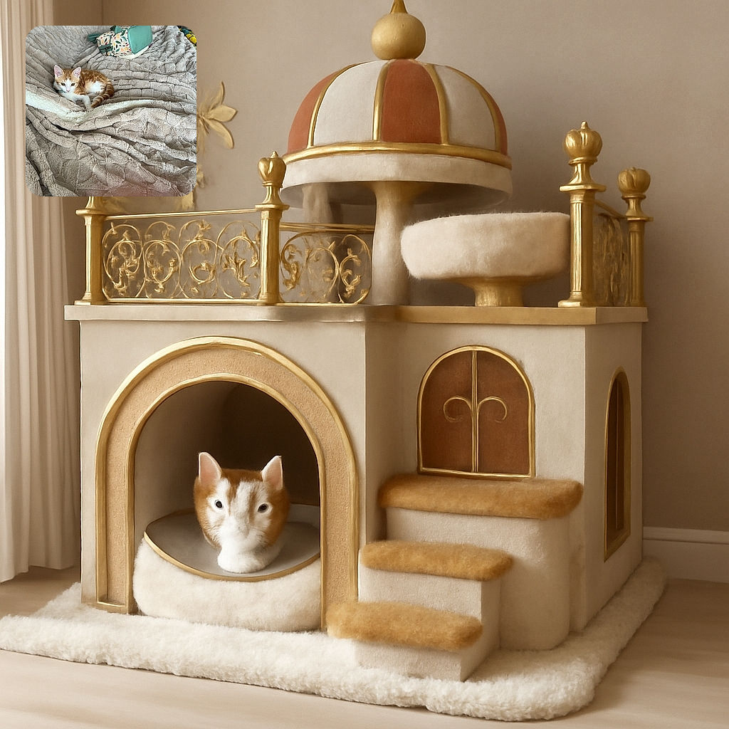 A cute orange and white kitten lounging comfortably on a textured beige blanket with a colorful bag resting nearby, all set in a cozy indoor environment with soft natural light.