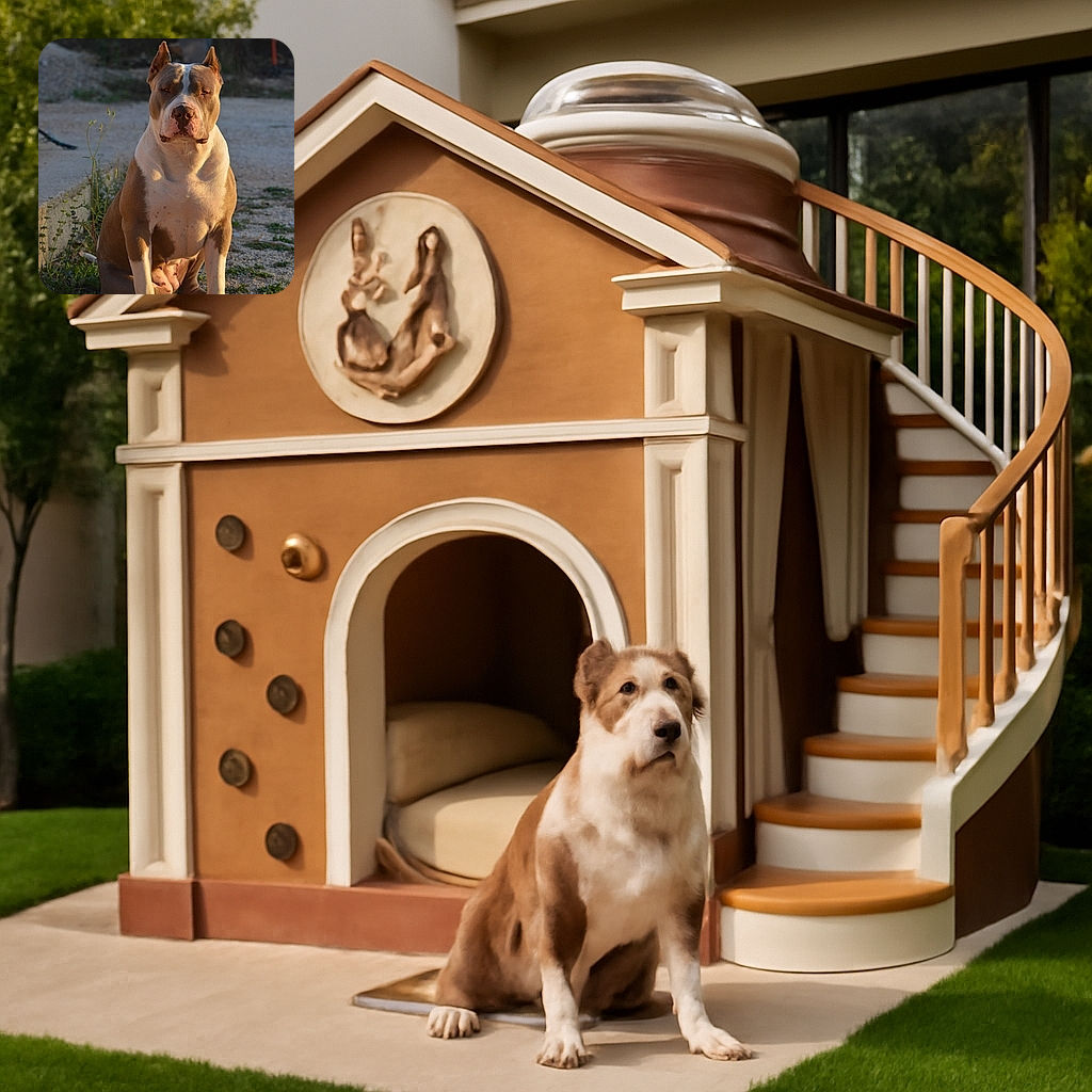 A muscular dog with a serious expression sits calmly on a gravel path bathed in warm sunlight, surrounded by patches of greenery and a rustic outdoor setting.