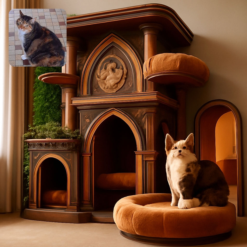 A chubby calico cat sitting on a tiled floor, looking up with wide, curious eyes as if caught mid-thought about the mysteries of the universe or maybe just dinner time.