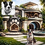 A dignified, black-and-white portrait of a stoic dog staring straight at the camera — oversized ears and a bold nose take center stage while a patterned collar and leash dangle below; the background is softly blurred with light flecks that look like snow or artistic grain.