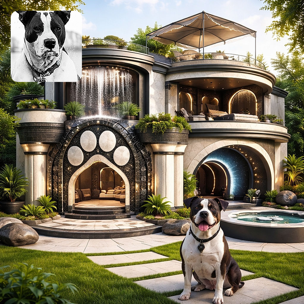 A dignified, black-and-white portrait of a stoic dog staring straight at the camera — oversized ears and a bold nose take center stage while a patterned collar and leash dangle below; the background is softly blurred with light flecks that look like snow or artistic grain.