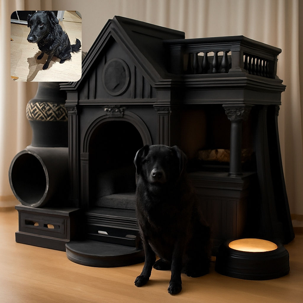 A fluffy black dog sits patiently on a light wooden floor, casting a long, distinct shadow that almost looks like a silhouette of a wolf. The dog’s shiny coat and soulful eyes make it look like it's ready for a treat or a belly rub.
