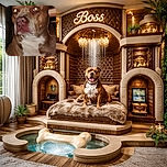 A close-up photo of a brown and white dog with glowing eyes due to flash reflection, slightly blurry and out of focus, giving it a mysterious yet adorable look in a dimly lit indoor setting.