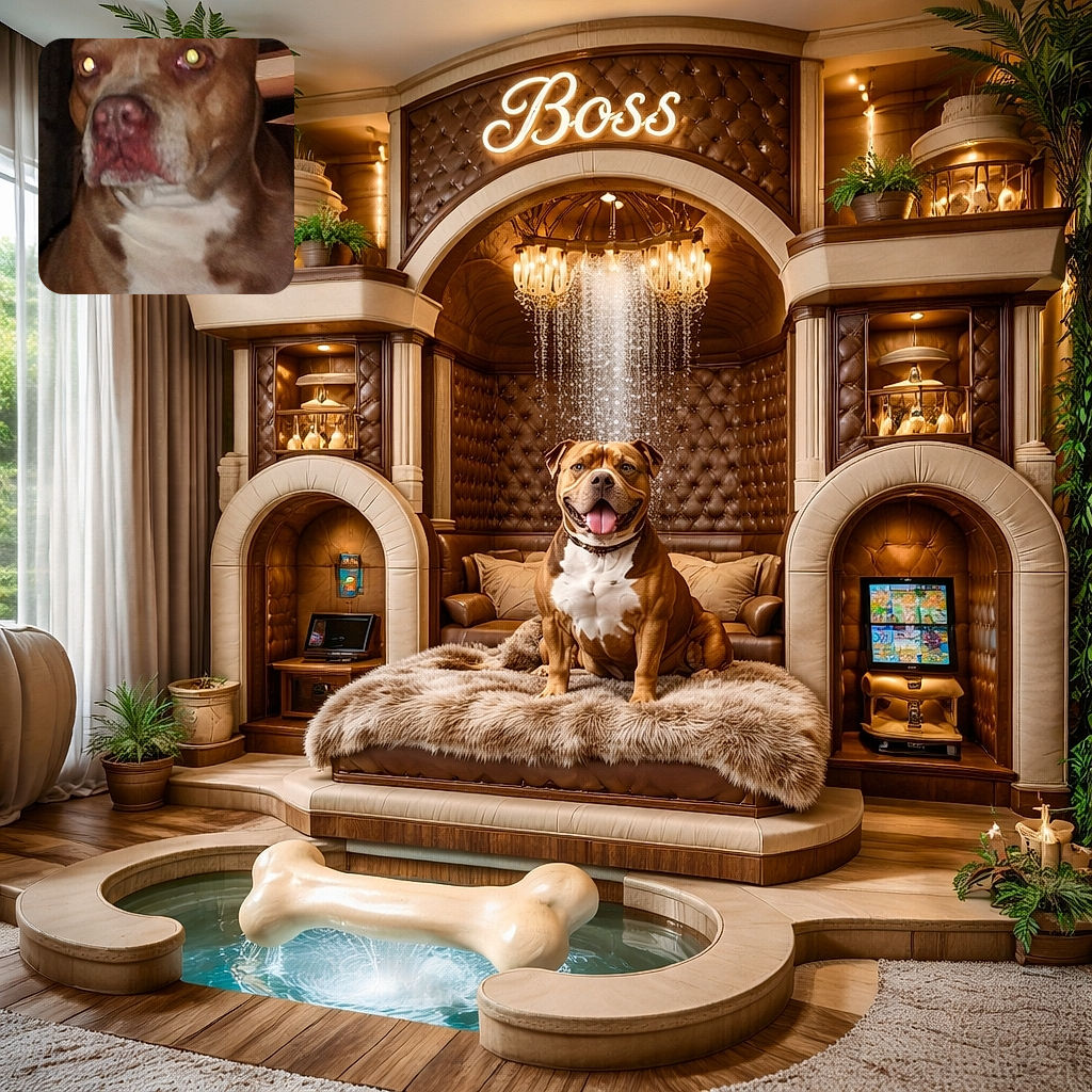 A close-up photo of a brown and white dog with glowing eyes due to flash reflection, slightly blurry and out of focus, giving it a mysterious yet adorable look in a dimly lit indoor setting.