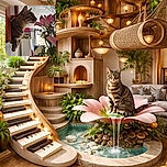 A curious tabby cat pokes its head through a wooden railing, sniffing a vibrant bouquet of pink lilies and white daisies, with a cozy living room softly blurred in the background.