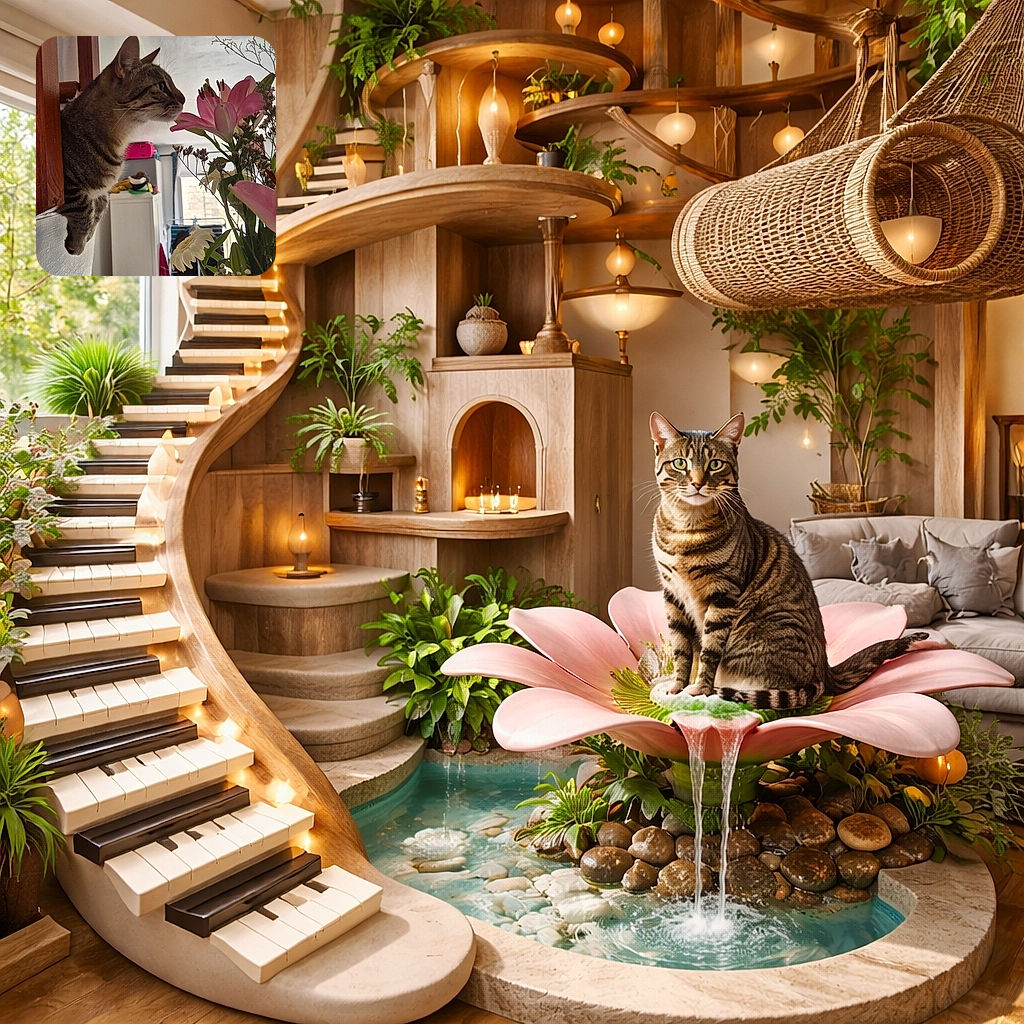 A curious tabby cat pokes its head through a wooden railing, sniffing a vibrant bouquet of pink lilies and white daisies, with a cozy living room softly blurred in the background.