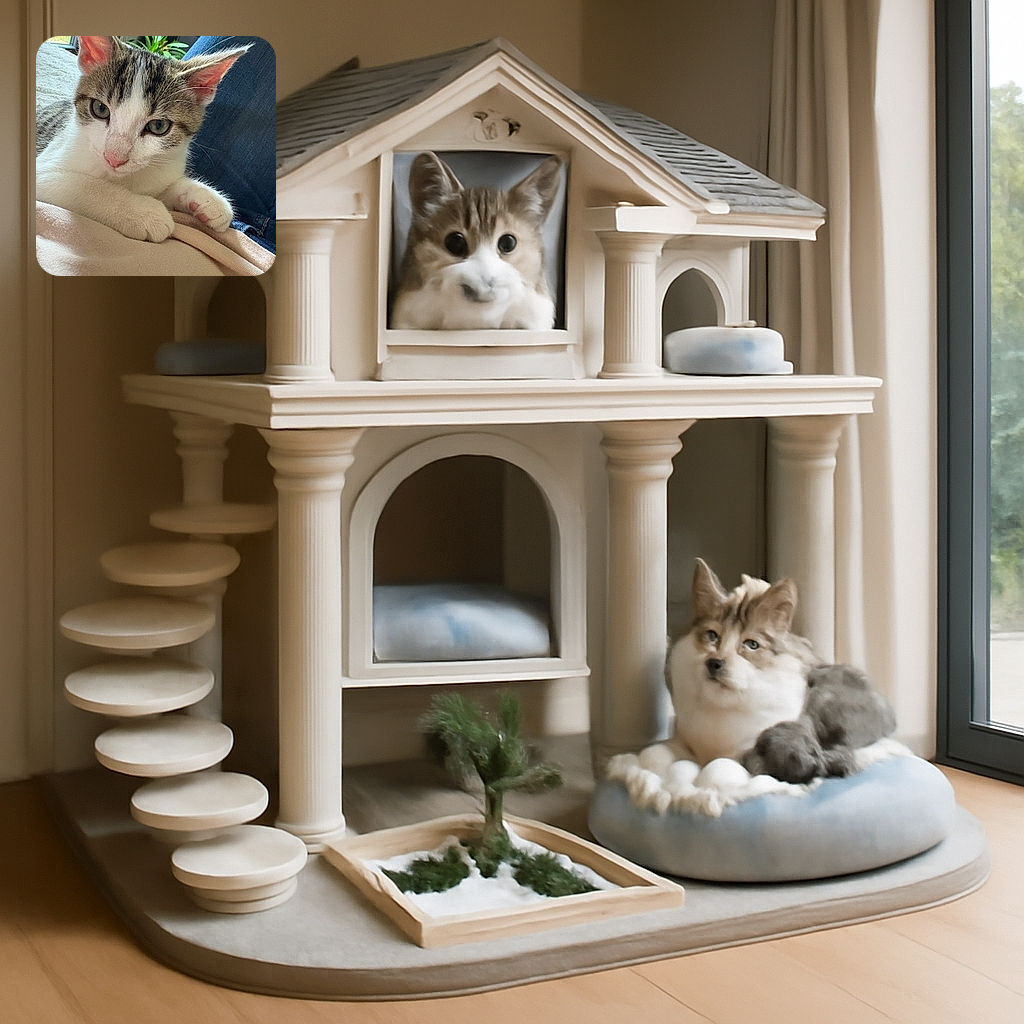 A close-up photo of a curious cat with striking green eyes and pink nose, resting its paws on a soft beige surface with a cozy indoor background including plants and a window.