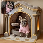 A small dog with a brindle coat and large ears is standing on its hind legs, wearing a cozy pink hoodie, looking curiously over a gray surface in a dimly lit room with wooden floors and some furniture.