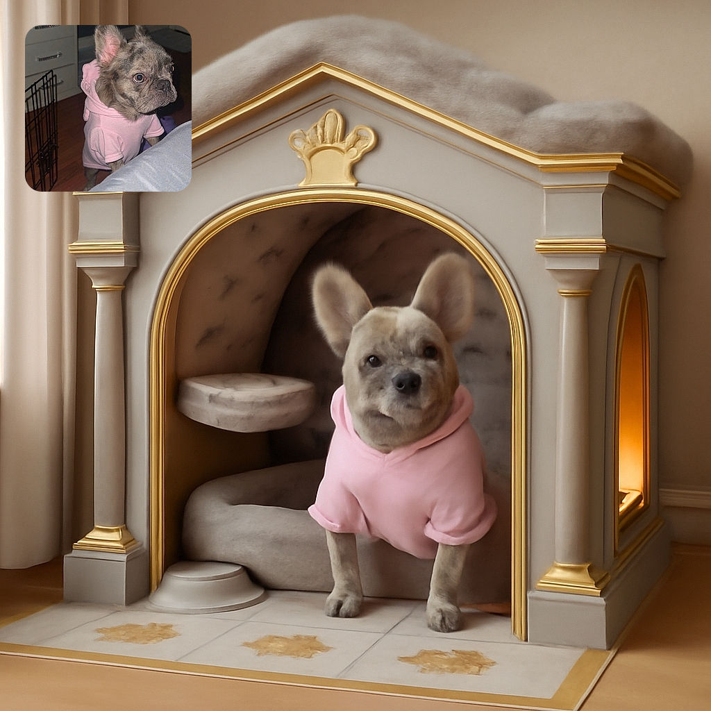A small dog with a brindle coat and large ears is standing on its hind legs, wearing a cozy pink hoodie, looking curiously over a gray surface in a dimly lit room with wooden floors and some furniture.