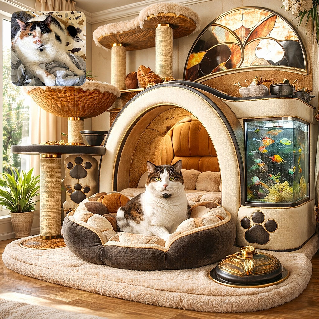 A chonky calico queen lounges on patterned bedding, giving the camera a regal, slightly judgmental stare — whiskers forward, green eyes locked, and a tiny black collar tag peeking from a cloud of fluffy fur.