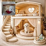 A fluffy white dog is comfortably lounging in a gray pet bed with a red cloth, looking relaxed and cozy in a simple indoor corner with tiled flooring and a slightly worn wall.