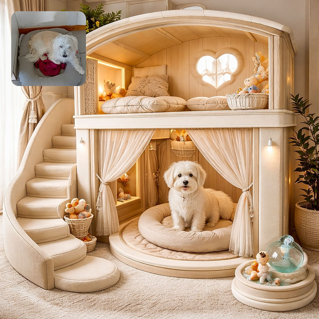 A fluffy white dog is comfortably lounging in a gray pet bed with a red cloth, looking relaxed and cozy in a simple indoor corner with tiled flooring and a slightly worn wall.