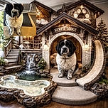 A fluffy black and white puppy sits adorably on a carpeted floor with a baby gate in the background, giving the camera an innocent and curious look that melts hearts instantly.