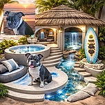 A charming bulldog puppy sits on the sandy beach during a stunning sunset, with palm trees framing the scene and the ocean waves gently rolling in the background.